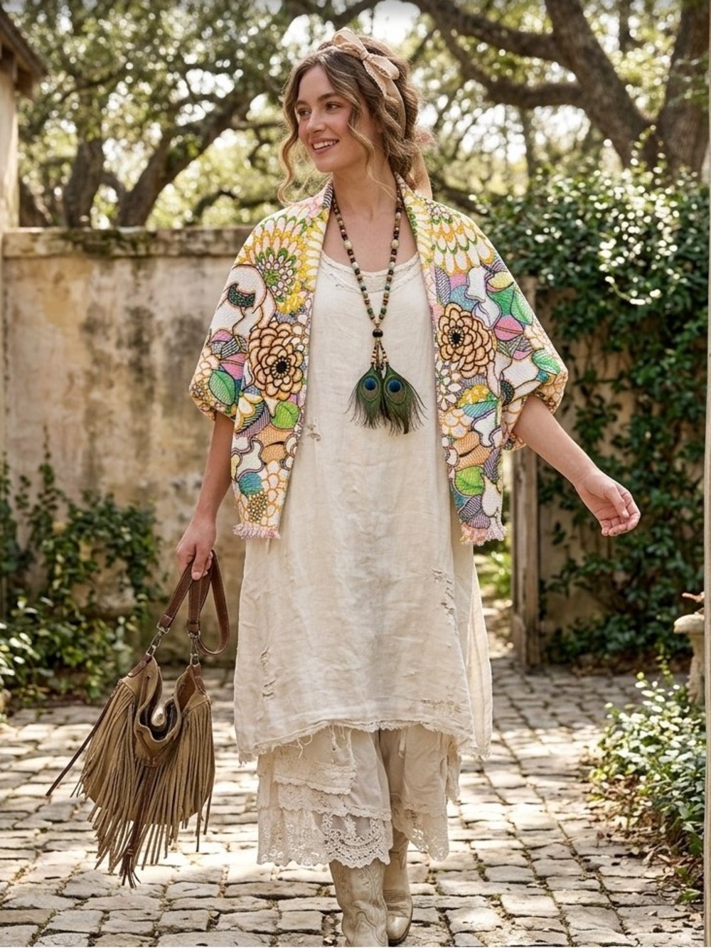 Groovy GRANNY Boho Floral Open-Front Shrug cocoon w cottagecore hippy vibe